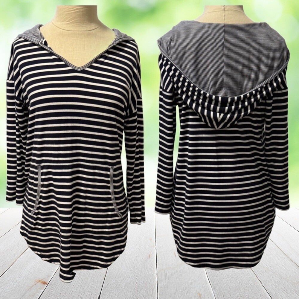 TALBOTS UPF 50+ Hooded Tunic Top Nautical Stripe Pockets Cover Up Blue Size XS